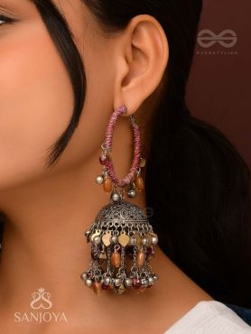 Stotavya - The Mira Chants- Beads, Resham And Glass Drops Oxidised Jhumka Earrings