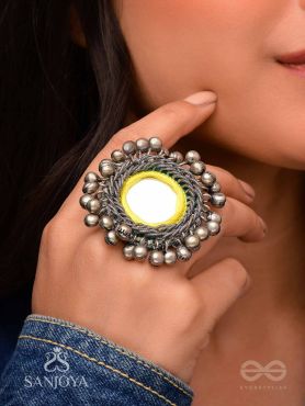 Patangah - Music Of Sunshine - Mirror, Resham And Beads Hand Embroidered Oxidised Ring