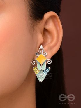 The Adorned Prisms- Enamelled Oxidised Ear Jackets (Yellow, Blue And Green)