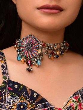 Shaleenta - The Shy Posy - Resham, Dabka And Glass Drops Hand Embroidered Oxidised Choker Neckpiece