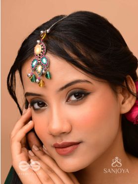 Prashman - The Calming Beauty - Stones, Mirror, Coins And Glass Drops Hand Embroidered Oxidised Maangtika