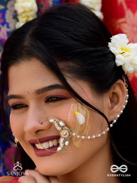 Varchasam - The Treasured Radiance - Pearls, Beads And Dabka Hand Embroidered Nath (Non-Piercing)