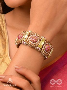 Manikarna - The Regal Gems - Pink and golden beads and stones embroidered bracelet