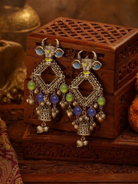 NANDI MANIKARNA- NANDI STONE EARRINGS-OXIDIZED EARRINGS FEATURING A BULL FACE, ADORNED WITH STONES AND GHUNGHROOS