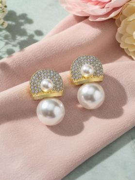 Crystal orbits-  crystal studded statement earrings with dropping pearls 