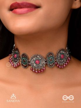 RAKTASHREE– RED ELEGANCE : OXIDIZED CHOKER WITH INTRICATE WORK AND BOLD RED ACCENTS, PERFECT FOR A TRADITIONAL LOOK