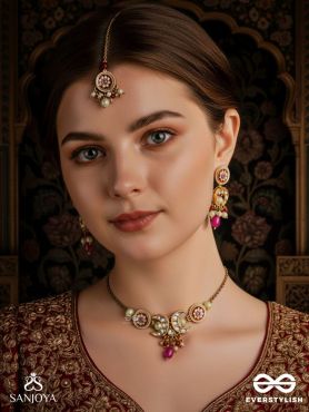 SHONAPRABHA- RADIANCE OF GOLD AND RED - HANDMADE KUNDAN SET WITH NECKLACE, EARRINGS AND MAANGTIKA