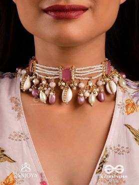 MANOHARA - CHARMING BEAUTY- ROYAL KUNDAN NECKLACE WITH PEARL STRINGS, SHELLS AND PINK GEM EMBELLISHMENTS
