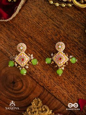 MADHUVRATA – SWEET AS SPRING BLOOM - GRACEFUL PINK ENAMELLED EARRINGS WITH KUNDAN GREEN BEADS AND PEARL DROPS