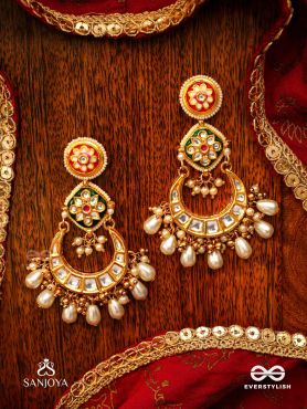 VIBHAVATI - ADORNED WITH RICHNESS - EXQUISITE KUNDAN EARRINGS WITH ENAMELLED POLKI DESIGN, PEARLS AND GEMSTONES