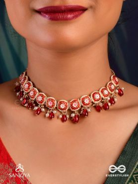 RUDRANJALI - SACRED RED OFFERING- TRADITIONAL RED ENAMELLED POLKI CHOKER WITH LUSTROUS BEADS AND PEARLS