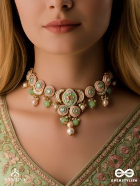 HARITRINA - VERDANT BEAUTY - KUNDAN DAINTY GOLDEN NECKLACE WITH HANDCRAFTED FLORAL ENAMEL WORK