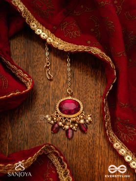 SINDURINI - VERMILION GRACE - STATEMENT KUNDAN POLKI MAANGTIKA WITH RED GEMSTONES AND ENAMEL ACCENTS