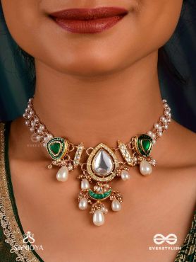RATNODYA - RISING GEM - DAZZLING KUNDAN CHOKER WITH PEARLS AND ROYAL GREEN AND GOLD ACCENTS