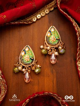 MADHURIMA - SWEET ELEGANCE - HANDCRAFTED HERITAGE KUNDAN EARRINGS WITH GOLDEN POLKI AND GEM DROPS