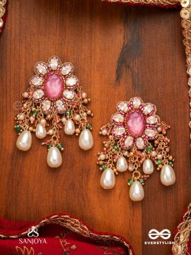 LALIMA - TINT OF PINK-  HAND EMBROIDERED EARRINGS WITH PEARL DROPLETS AND GEMSTONES