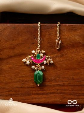 NILACHAPA - BLUE-GREEN ARC- DARK EMERALD GREEN TEXTURED MAANGTIKA WITH KUNDAN AND PEARLS