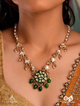ARUNODAYA - DAWN RAYS- SYMMETRICAL KUNDAN POLKI NECKPIECE WITH EMERALD GREEN ENAMEL ACCENT, PEARLS AND BEADS