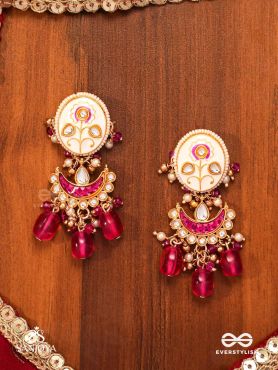 KAMALANGI - LOTUS-BODIED- FLORAL ENAMEL CENTRE DESIGN EARRINGS WITH TRIPLE CHAIN LAYERS AND RUBY BAEDS AND PEARLS
