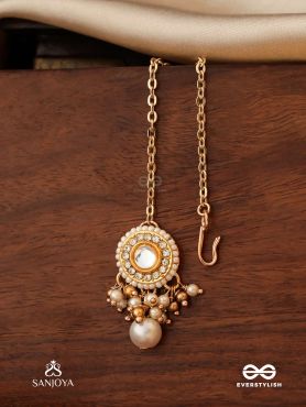 KANAKLEKHA - GOLDEN GLEAM- ROUND POLKI ACCENTED MAANGTIKA WITH DEWY WHITE PEARLS AND WARM EARTHY TONE BEADS