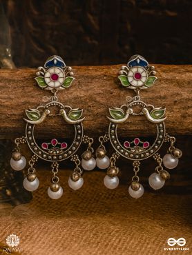 BIRDS OF BLISS – OXIDISED CHANDBALI WITH FLORAL & PEARL ACCENTS