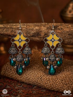 SUNBURST SWING – YELLOW FLORAL ENAMEL EARRING WITH OXIDISED JHUMKIS