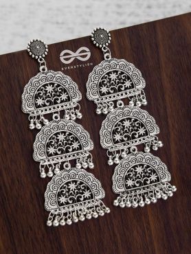 The Triple-Layered Intricate Clouds - Oxidised Boho Earrings