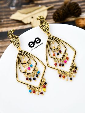The Golden Layered Peacock Danglers - Oxidised Boho Collection