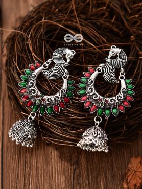 The Intricate Enamelled Peacocks Meenakari Artwork Jhumkas - (Red-Green)
