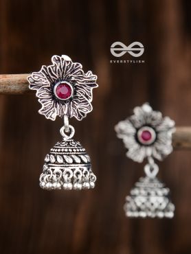 The Artsy Floral Jhumkis (Ruby Red) - Embellished Oxidised Collection