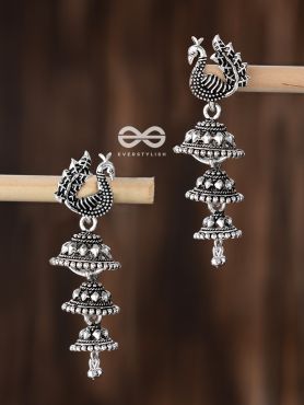 The Multilayered Peacock Jhumki - Oxidised Boho Earrings