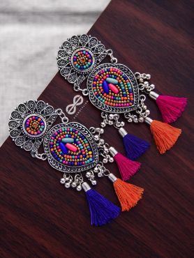 The Layered Tasseled Statement Makers (Pink-blue Hues) - The Embroidered Oxidised Collection