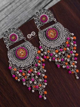The Multi-Layered Beaded Jhaalar (Orange-Pink) - Embroidered Oxidised Collection