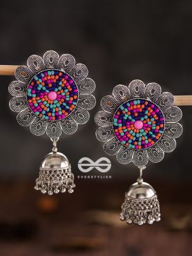 The Beaded Bohemian Flower Jhumkas (Multicoloured) - Embroidered Oxidised Collection
