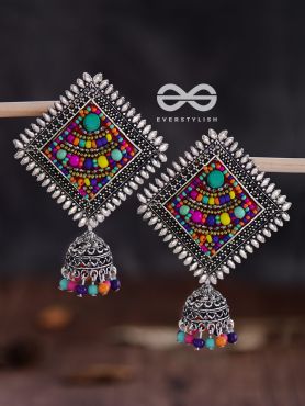 The Beaded Bohemian Square Jhumkas(Multicoloured) - Embroidered Oxidised Collection
