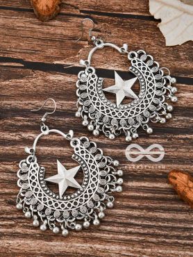 The Moon and Star Danglers - Oxidised Boho Earrings