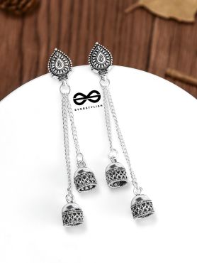 The Double Jhumki Geometric Droplet Danglers - Oxidised Boho Earrings