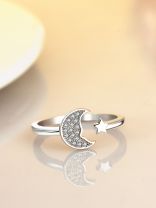 Stars and crescent moon adjustable ring in silver