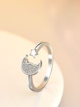 Stars and crescent moon adjustable ring in silver