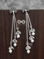 The Fanning Peacock Triple Pearl Jhumkis - Oxidised Boho Earrings