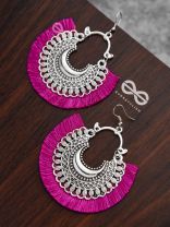 The Tasselled Motif Moons (fuchsia) - Oxidised Boho Earrings