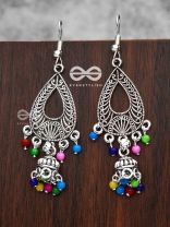The Meshed Artwork Jhumkis (Multicolour) - Oxidised Boho Earrings