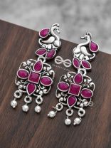 The Artsy Peacock Danglers (Ruby Red) - Embellished Oxidised Collection