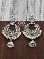 The Motif Moon Pearled Jhumis(Silver-Pearl) - Oxidised Boho Earrings