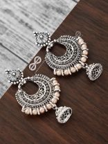 The Motif Moon Pearled Jhumis(Silver-Pearl) - Oxidised Boho Earrings