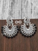 The Peacock Motif Moon Black Pearl Earrings - Silver
