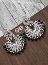 The Peacock Motif Moon Black Pearl Earrings - Silver