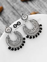 The Motif Moon Pearls (Silver-Black) - Oxidised Boho Earrings
