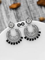 The Motif Moon Pearls (Silver-Black) - Oxidised Boho Earrings