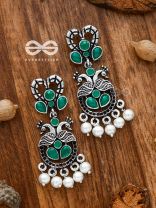 The Enigmatic Peacock Artwork Earrings (Emerald Green) - Embellished Oxidised Collection